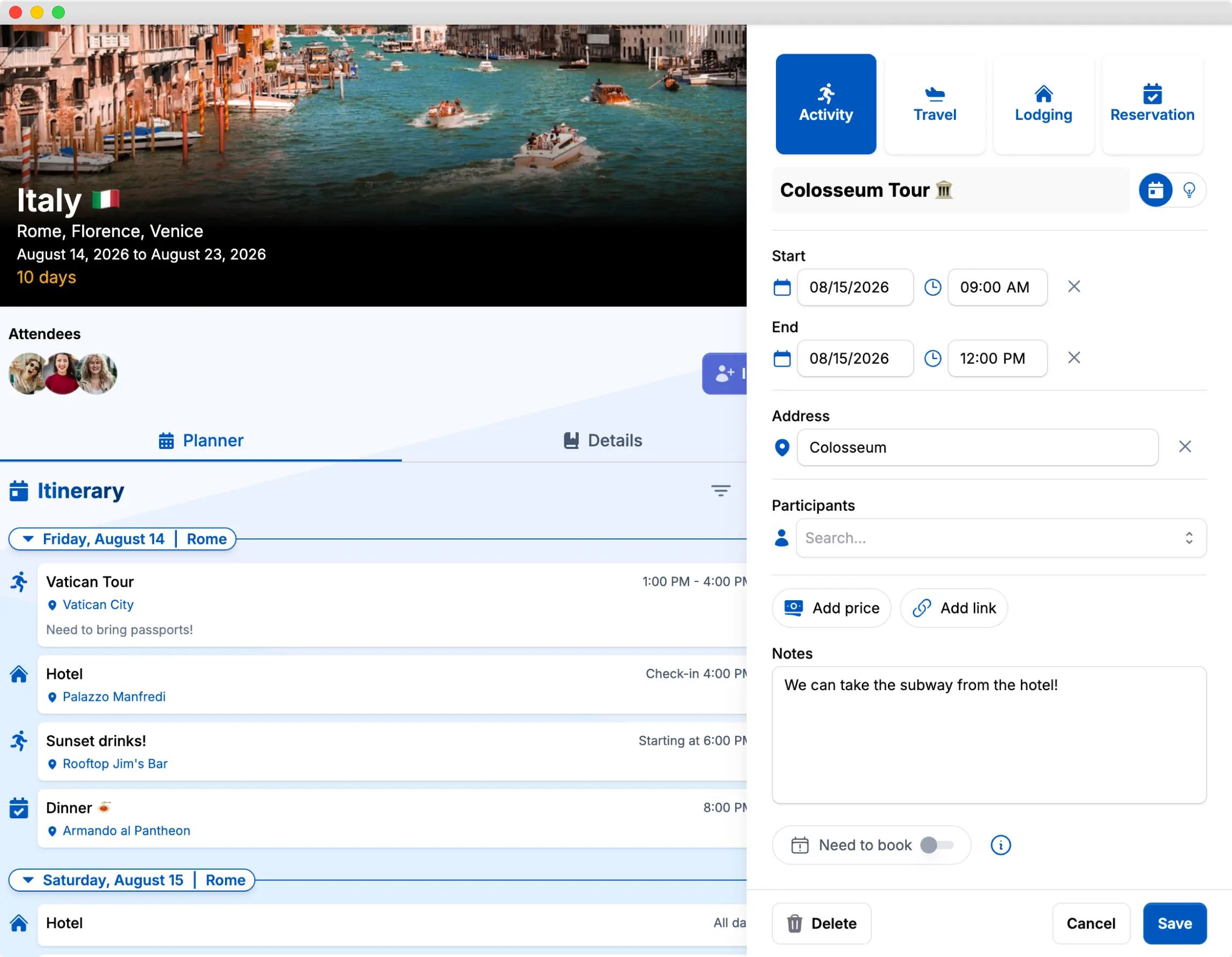 Trip itinerary