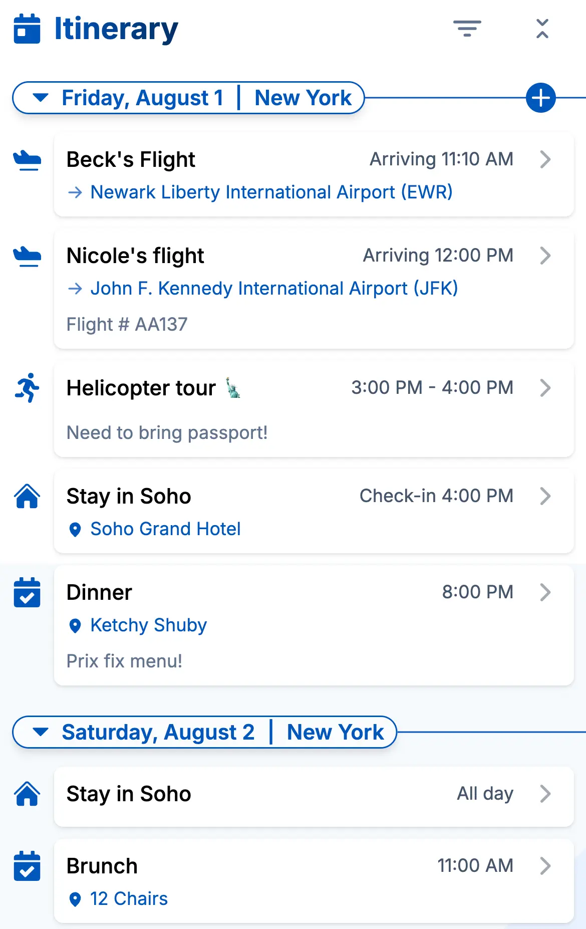 Trip itinerary