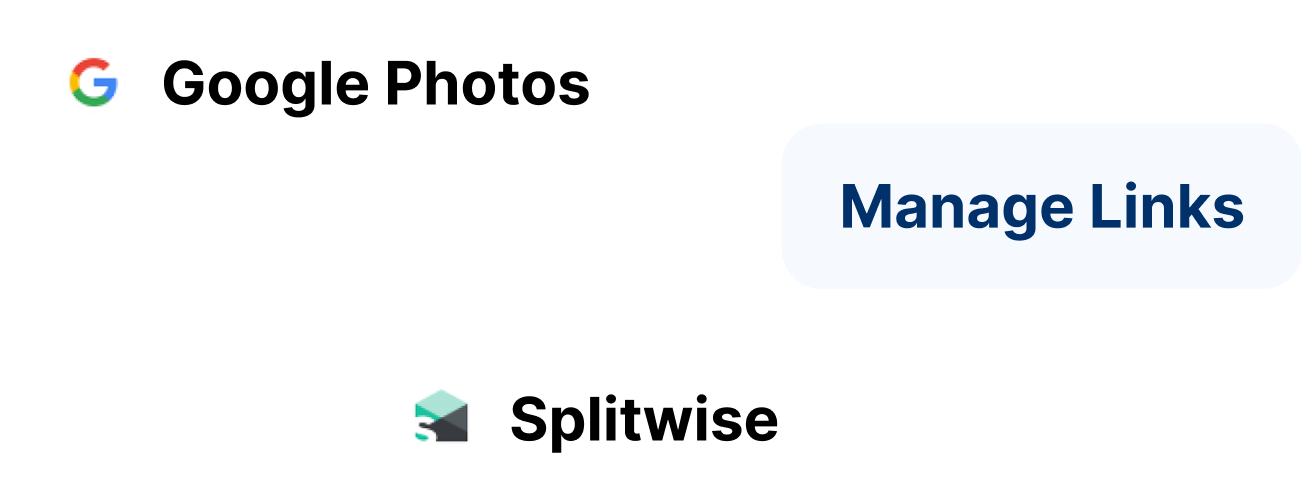 Google Photos, Splitwise, and Manage Links options